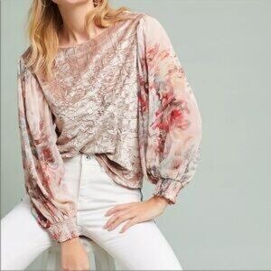 Anthropologie Meadow Rue Blush Pink Crushed Velvet Floral Sleeve Top